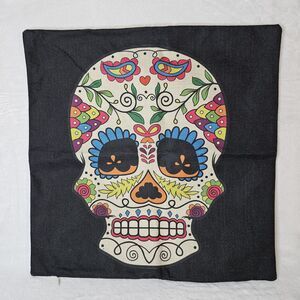 Sugar Skull Pillow Cover Mexican Day Of The Dead Print Natural Fibers Zip Folk